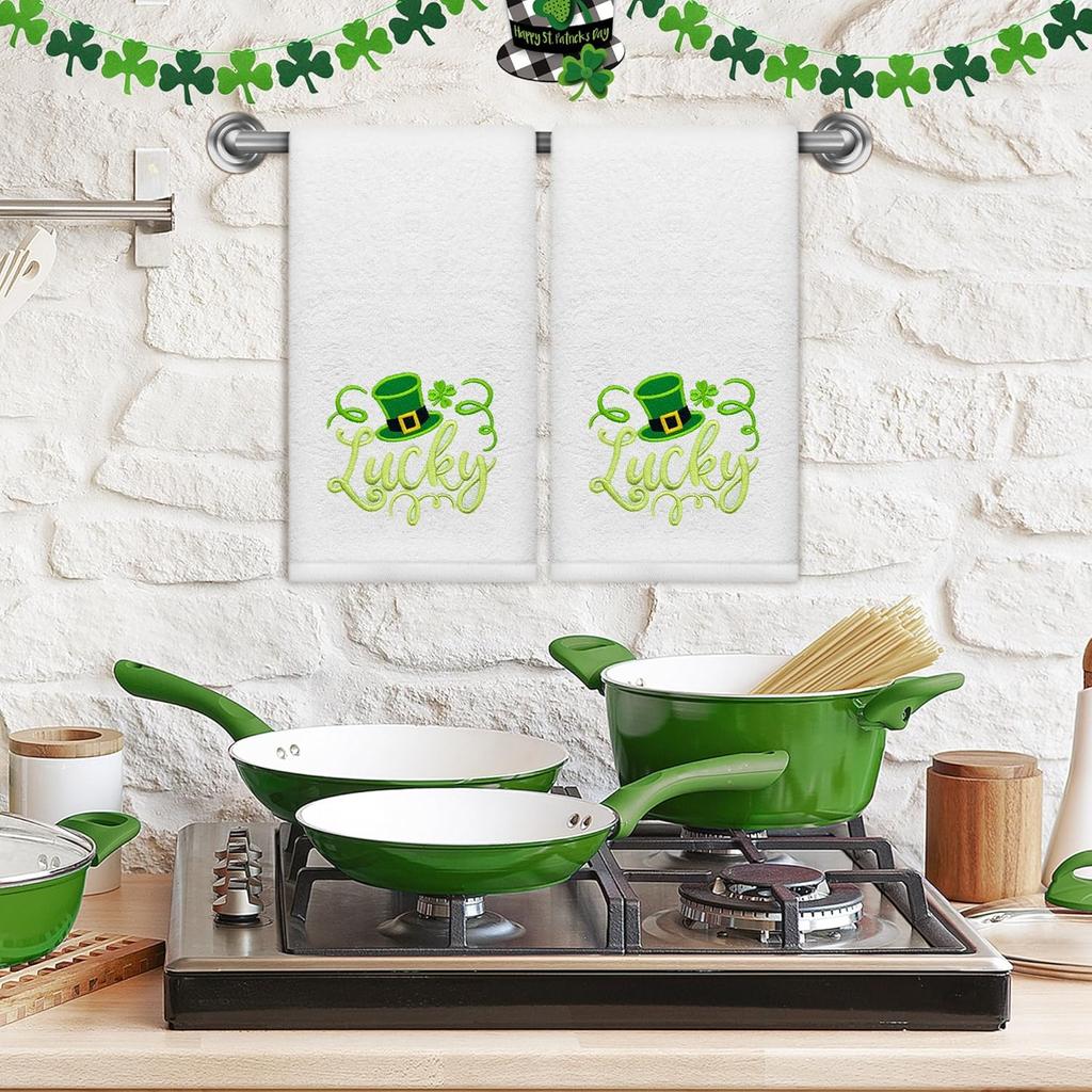 Hexagram St Patricks Day Hand Towels for Bathroom Set of 2, St Patricks Day Bathroom Decor Embroidered Lucky Green Hat Shamrock Pattern, Soft Luxury