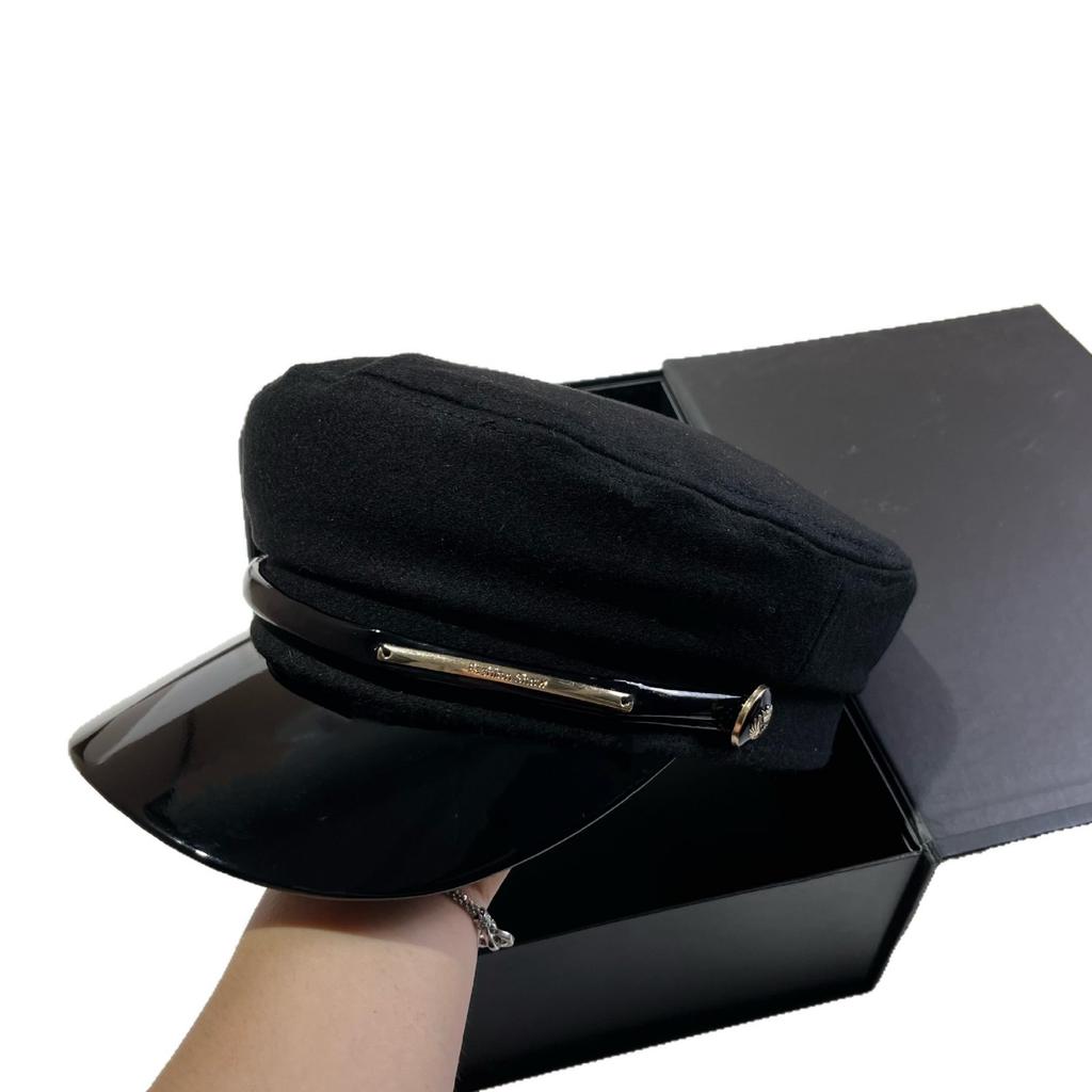 European and American Simple and Versatile Black Wool Navy Hat Autumn and Winter New Bright Leather Brim Fashionable Big-name Duck Tongue Newsboy Hat