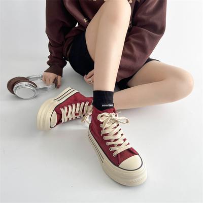 Fashion Trend Red Heightening Thick Baseplate Shoes Women's 2025 New Autumn and Winter Versatile Casual High-top Canvas Shoes