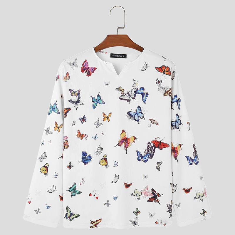 

INCERUN весна-осень топы мужские V-образный вырез длинный рукав цветочный принт повседневные топы M белый