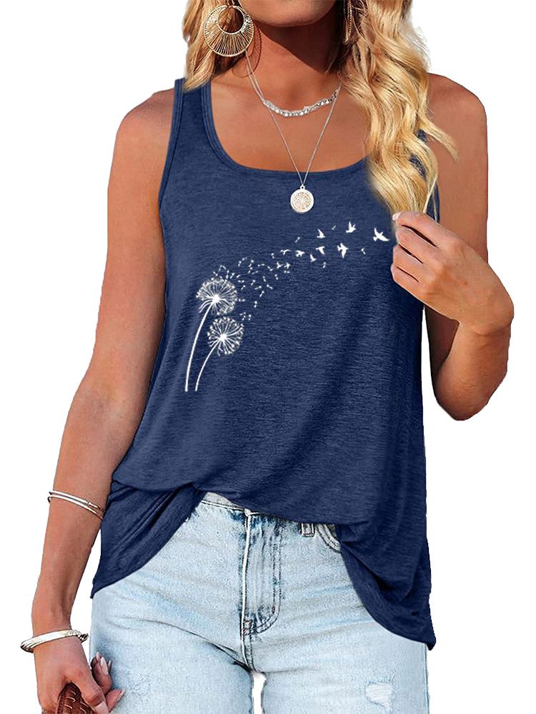 Women Fashion Print Sleeveless Top Summer Casual Round Neck T-shirt Pullover Loose Ladies Round Neck Tank Top