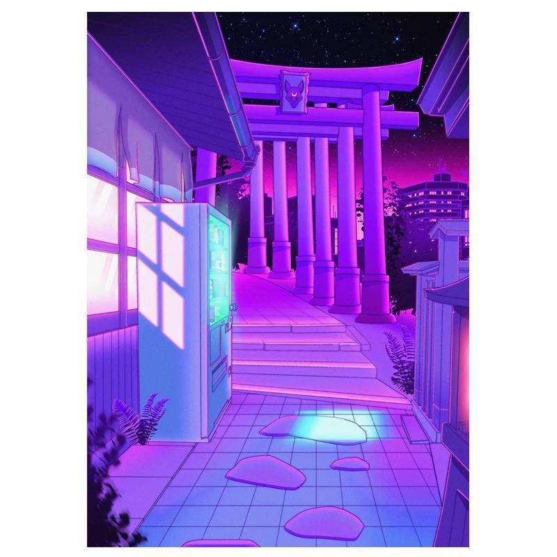 80s Vaporwave Style Wall Art Poster City Night Street Cat Canvas Painting Print Home Decoration Kawaii Room Decor Canvas Picture