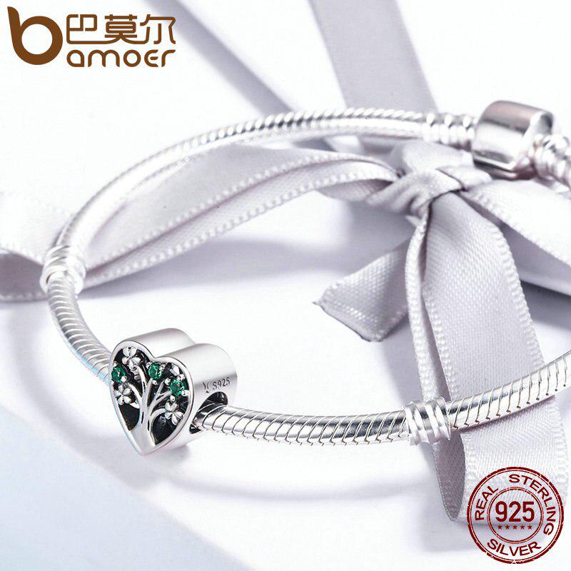 Bamoer Authentic 925 Sterling Silver Tree of Life Heart Shape Clear CZ Charm Beads Fit Original Bracelet