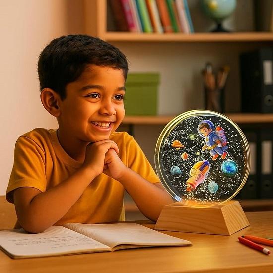 3D Astronaut Gutt Krystallkule Nattlampe med Trebase USB LED Bordlampe for Barnerom, gave