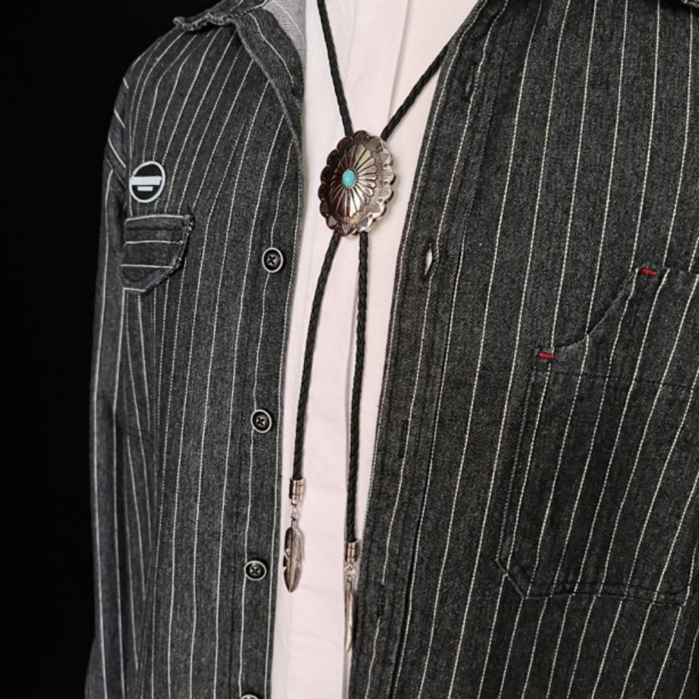 PU Woven Rope Turquoise Bolo Tie Ethnic Style Brass Carved Flowers Necktie Gift