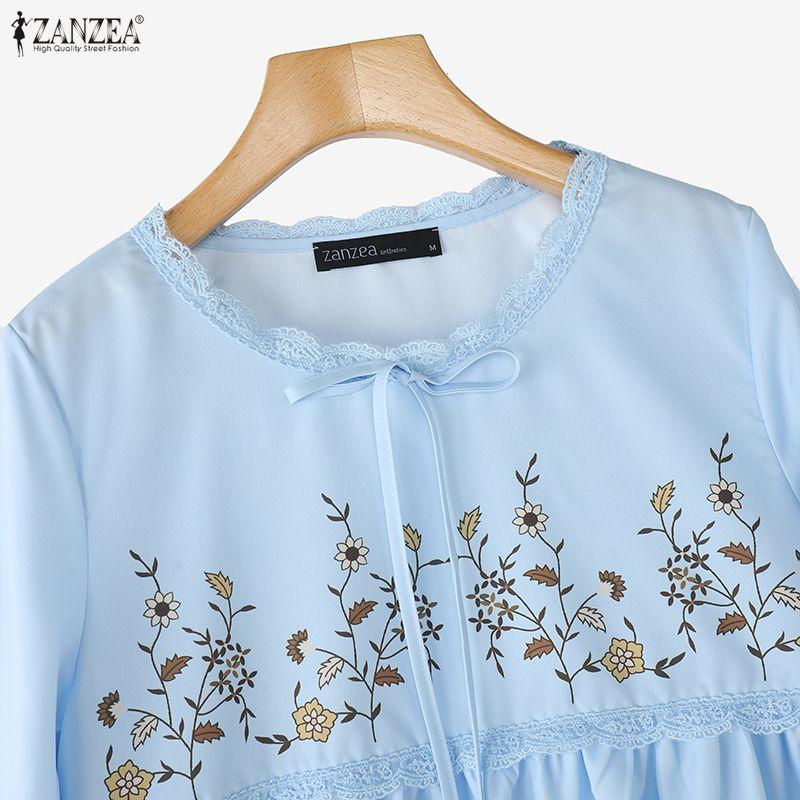 ZANZEA Women Casual Round Neck Long Sleeve Loose Print Blouse