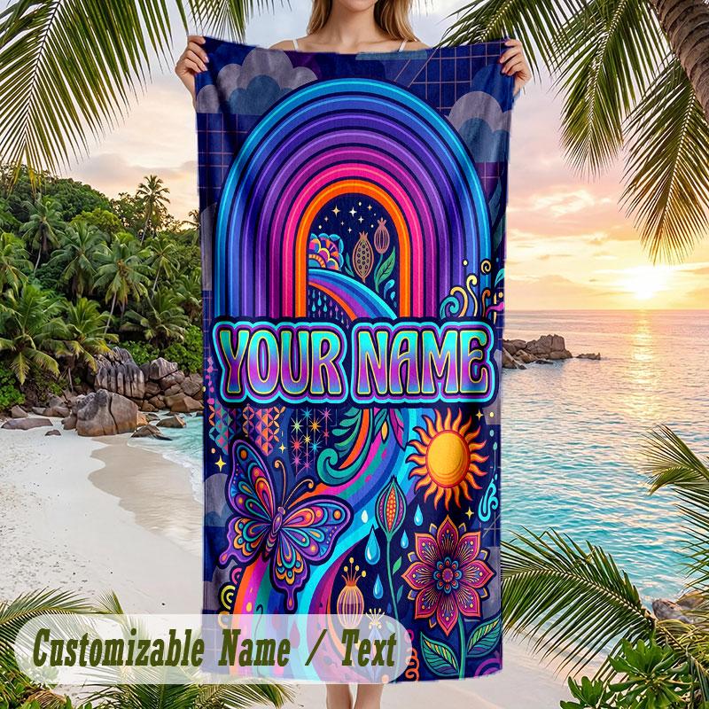 Rainbow Dreams 3 Theme Quick Dry Beach Towel Custom Name Text Print Large Sand Resistant Towel Beach Vacation