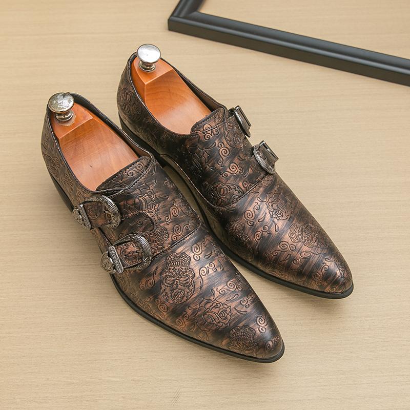 

Britain Monk Strap Loafers Men Pointed Skeleton Patent Leather Elevator Shoes Designer Formal Wedding Dress Homecoming Footwear 39 коричневий