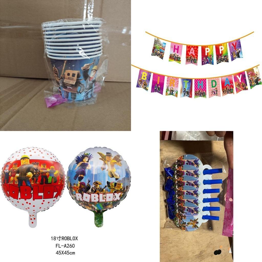 Farbenfrohe Roblox-Mottoparty-Artikel für Kindergeburtstage mit Bannern und Tortenaufsätzen