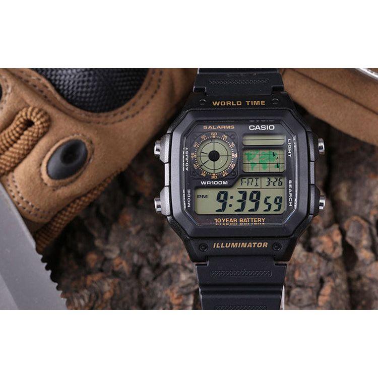Casio Youth Series Square Dial Digital Retro Ten-Year Power Small Square Electronic 100M Waterproof Electronic Movement Resin Strap AE-1200WH-1B