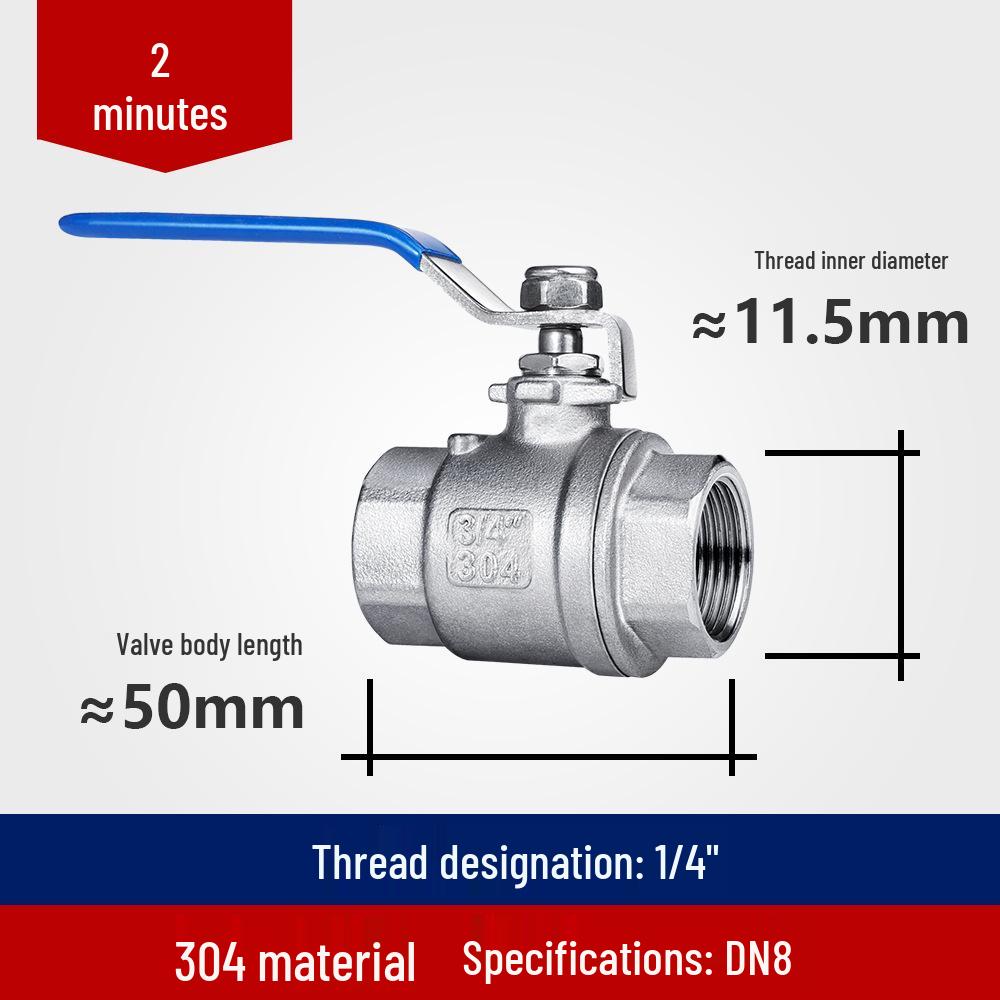 304 Stainless Steel Two-Piece Ball Valve with Internal Thread – Water Switch Valve, Available In 4 Points, 6 Points, and 1 Inch DN15-20.