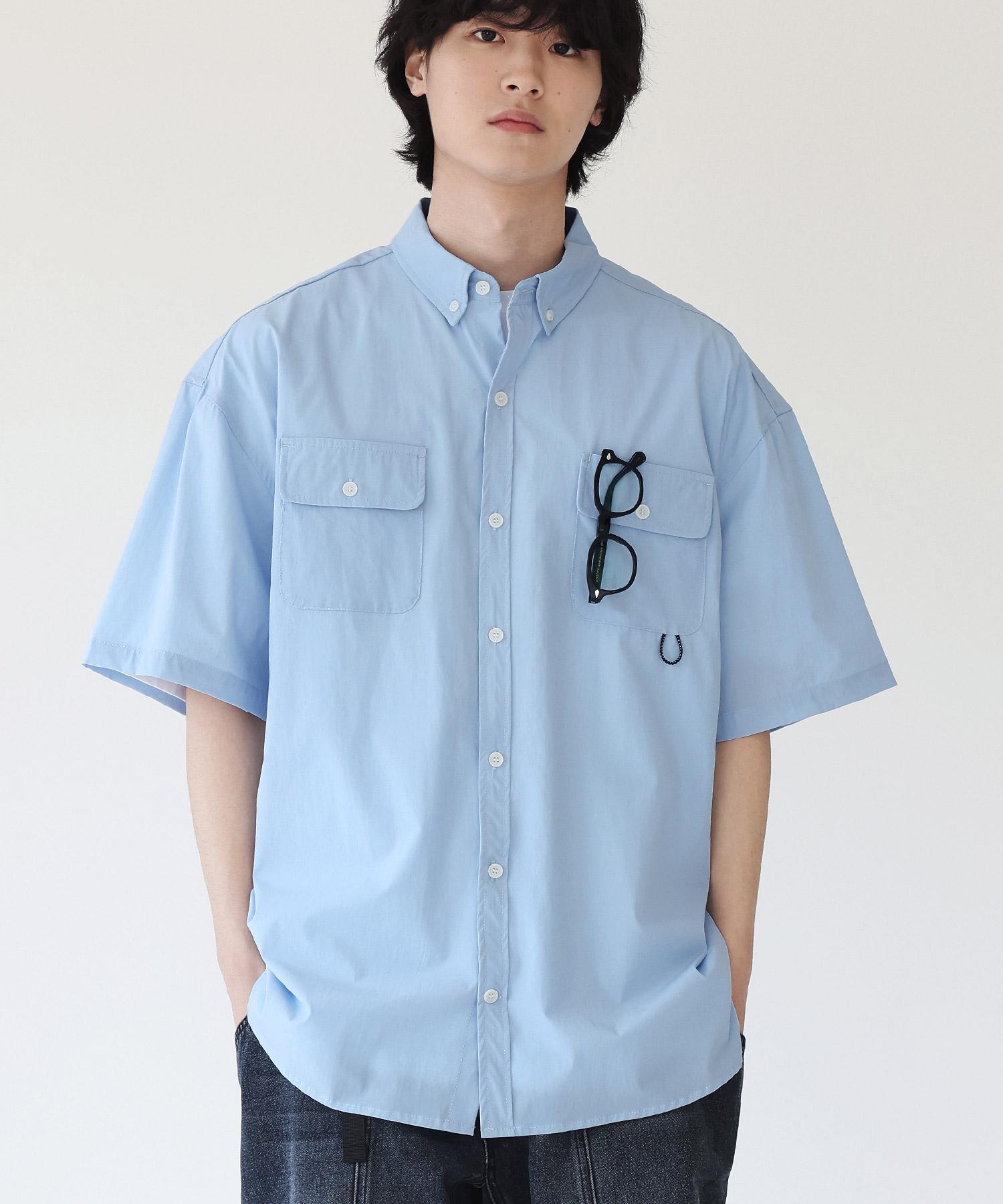 Modernoment Stretch Multi-Pocket Oversized Short Sleeve Shirt [Socks Blue] Socks Blue/1 Size