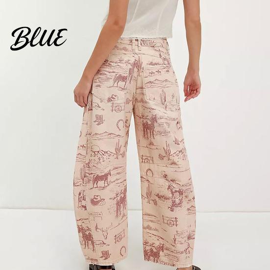 Wide-leg Denim Pants for Women Barrel Jeans Floral Print Boyfriend Baggy Casual Mid Rise Wide Leg Ankle