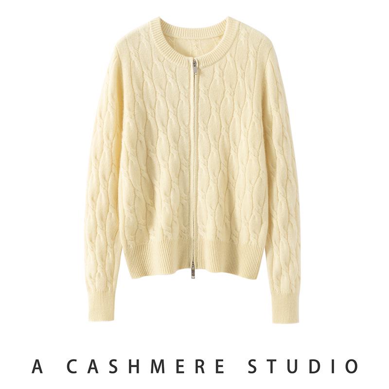 Women's Double Zipper Cable Knit Cashmere Cardigan - 2026 Autumn/Winter Loose Fit Round Neck Outerwear