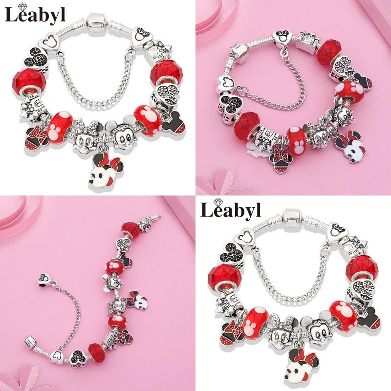 Potdemiel Pink Enamel Crystal Minnie Charm Bracelets Silver Color Heart Cartoon Bead Jewelry for Women Girl Gift