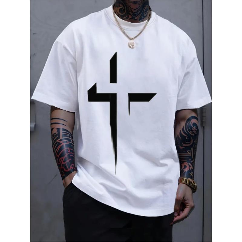 European Size Men'S All-Season Polyester Crew Neck T-Shirt with Stylish Cross Print - Casual Short Sleeve, Regular Fit, Soft& Breathable Fabric