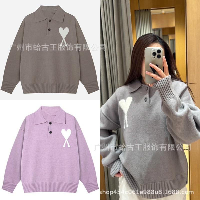 Unisex Cotton Blend Knit Sweater With Heart Jacquard Loose Fit Long Sleeve