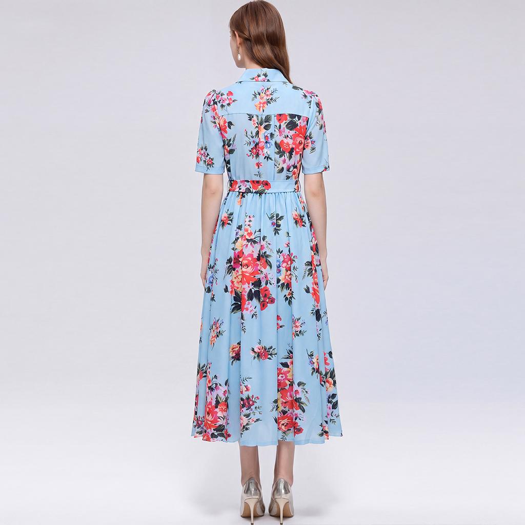 Elegant Gorgeous Flower Print Shirt Dress Women Summer Short Sleeve Collar Midi Dress with Sash Belt Vintage Style Party Wear