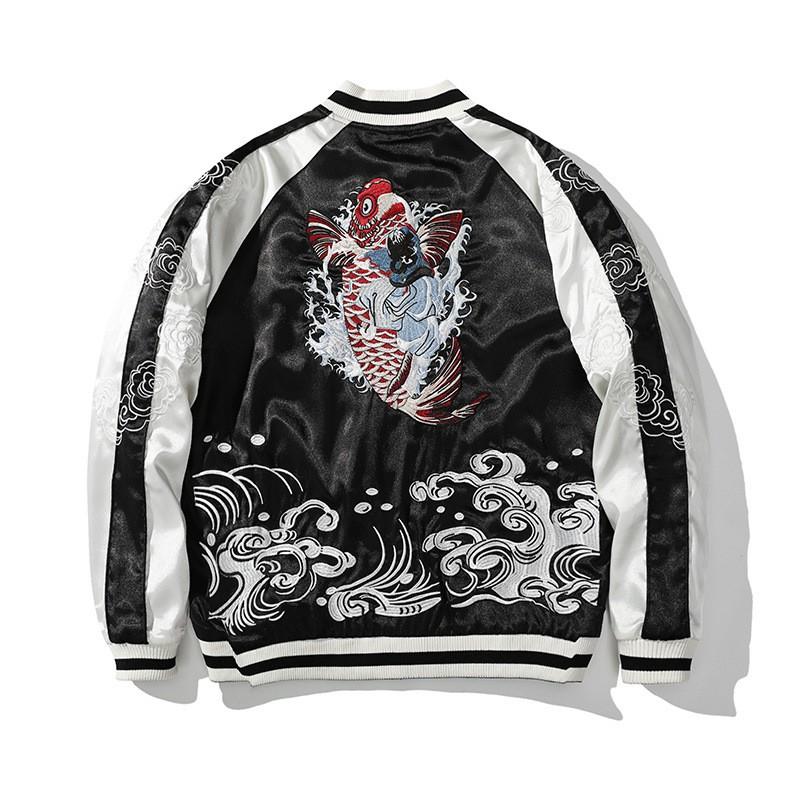 Embroidered Koi Fish Jacket Unisex Double-Sided Wearable Coat Chinese Style Streetwear Loose Fit