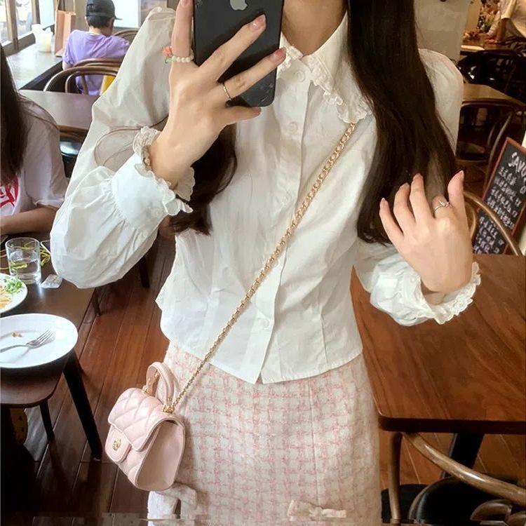 2025 Spring/Autumn Sweet Girly Slim-Fit White Puff Sleeve Top