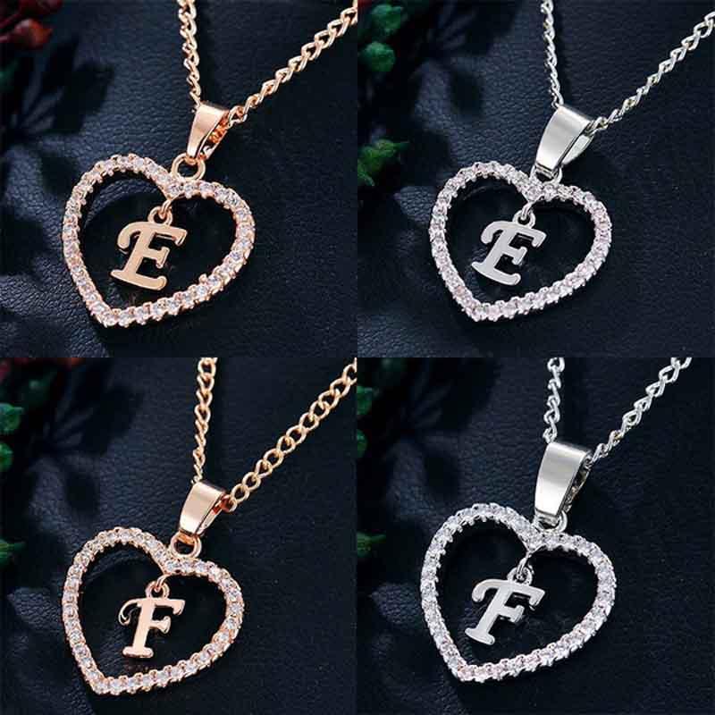 Heart Letters 26 Love Crystal Women Silver Plated Chain Jewelry Necklace