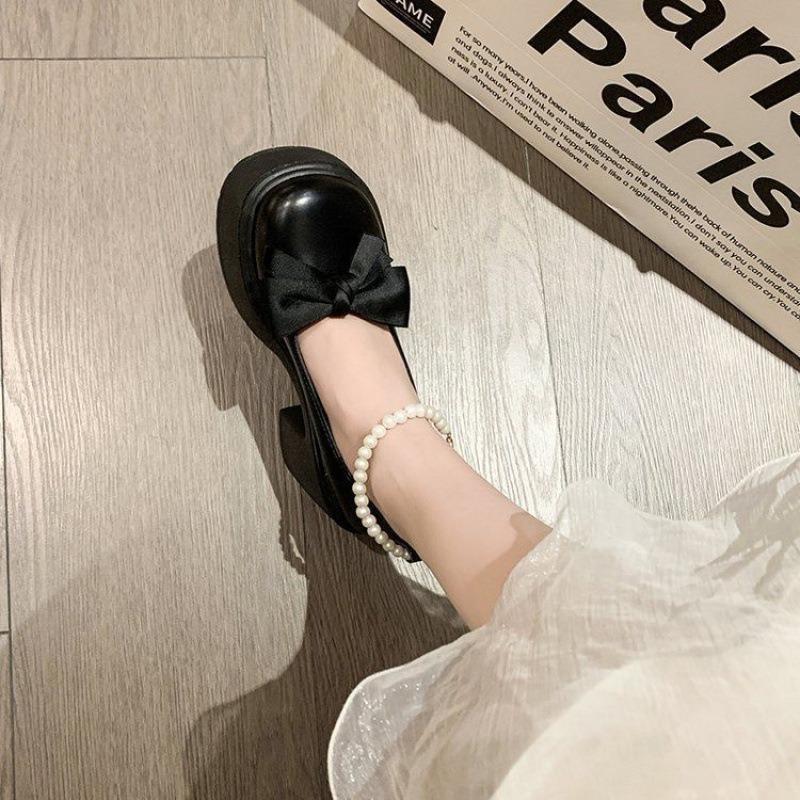 Damen Plateau Mary Jane Schuhe mit Perlenriemen Schleife Klobiger Absatz Lolita Schuhe