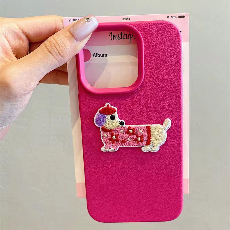 Korean Cute 3D Cartoon Embroidery Dog Lanyard Rope Phone Case For iPhone 17 16 15 14 13 11 12 Pro Max 16 Plus Funny Puppy Cover