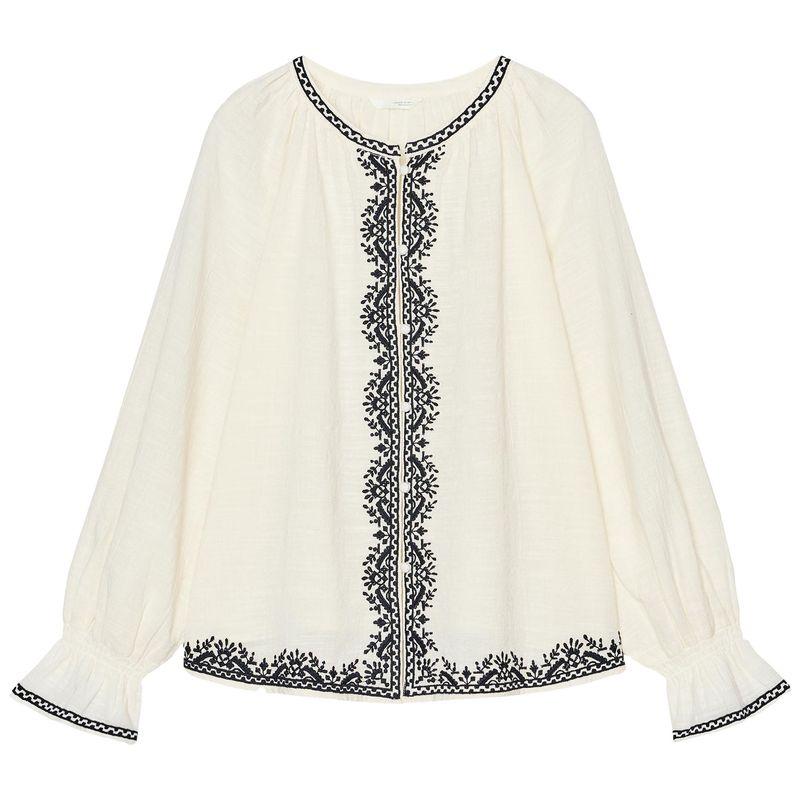 

Zaprha 2025 Summer New round Neck Retro Loose Top Women Western Style Contrast Color Embroidery Shirts 5770043 White L