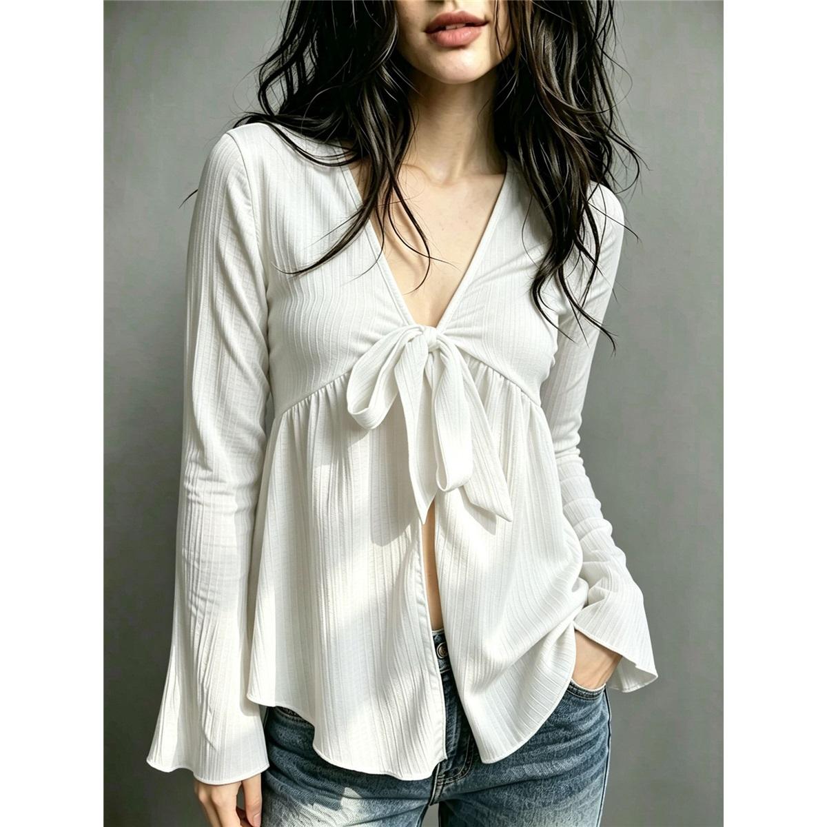 Damen V-Ausschnitt Krawattenschleife Bluse Glockenärmel Locker Rüschen Peplum Lässiges Oberteil S weiß