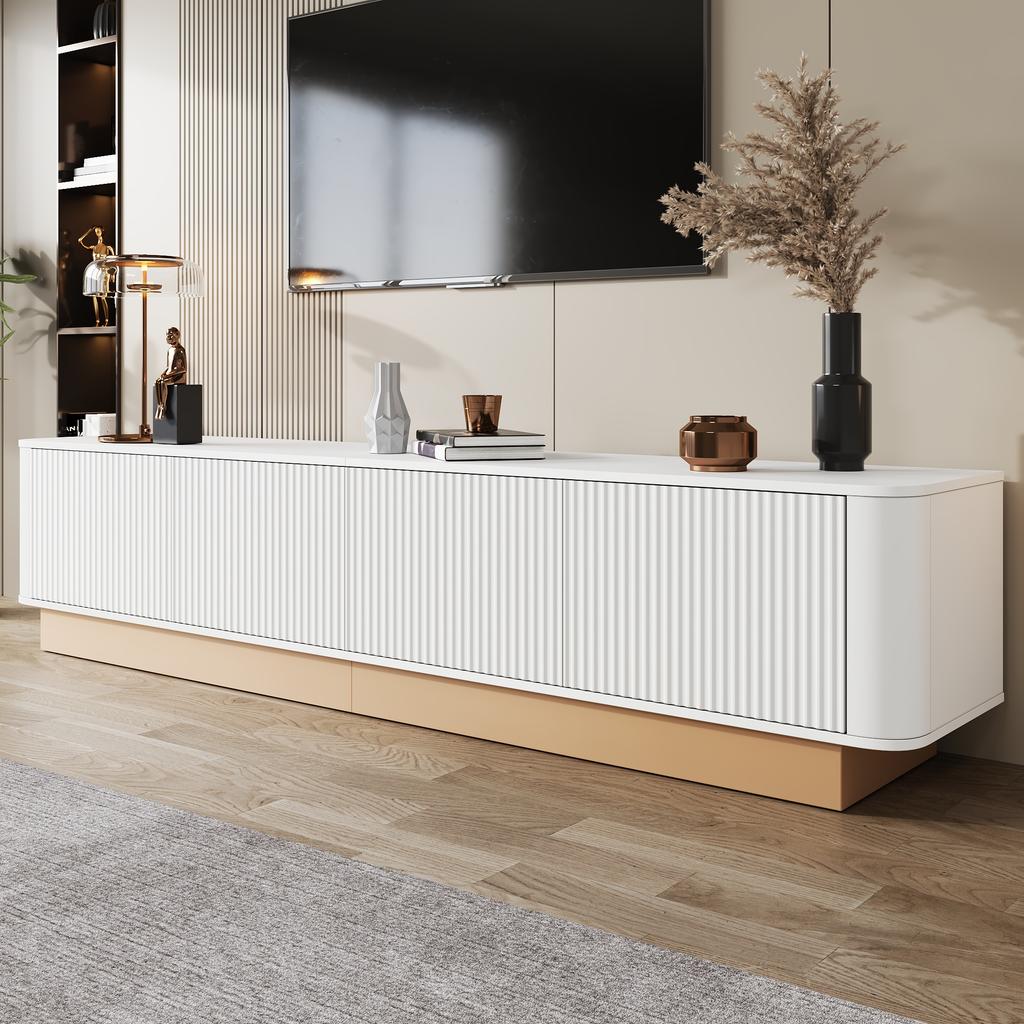 200 Cm TV Lowboard | Grooved TV Cabinet, 4-Door with Large Storage Space, Media Cabinet, Height-Adjustable Shelves, Rounded Corners, MDF Material