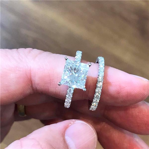 Deluxe Gold Color Princess Cut Rings Set Couple Rings Wedding Bridal Commitment Jewelry