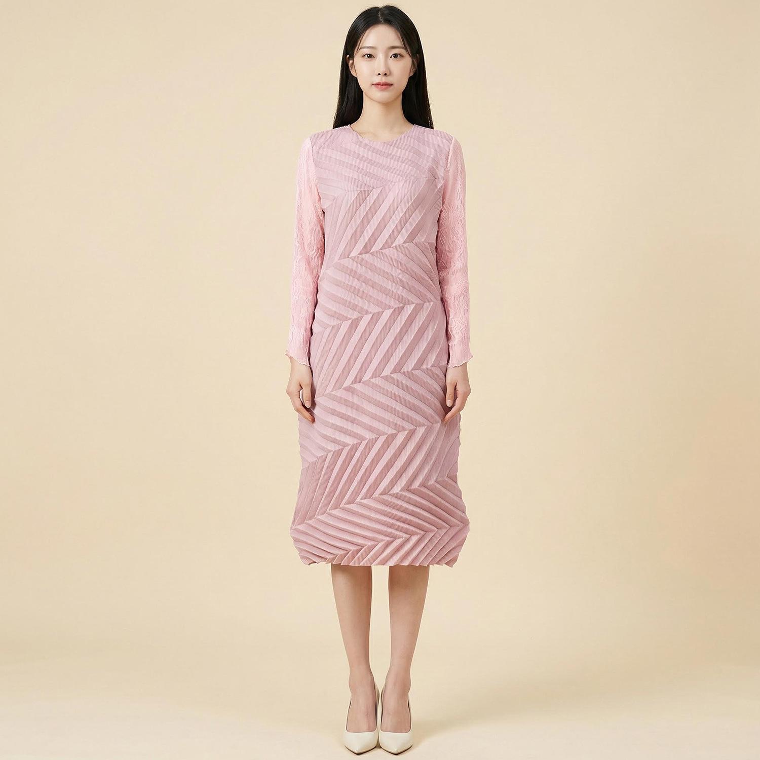 

Miyake High-End Light Luxury 2026 Spring/Summer Long Sleeve Midi Dress One Size рожевий
