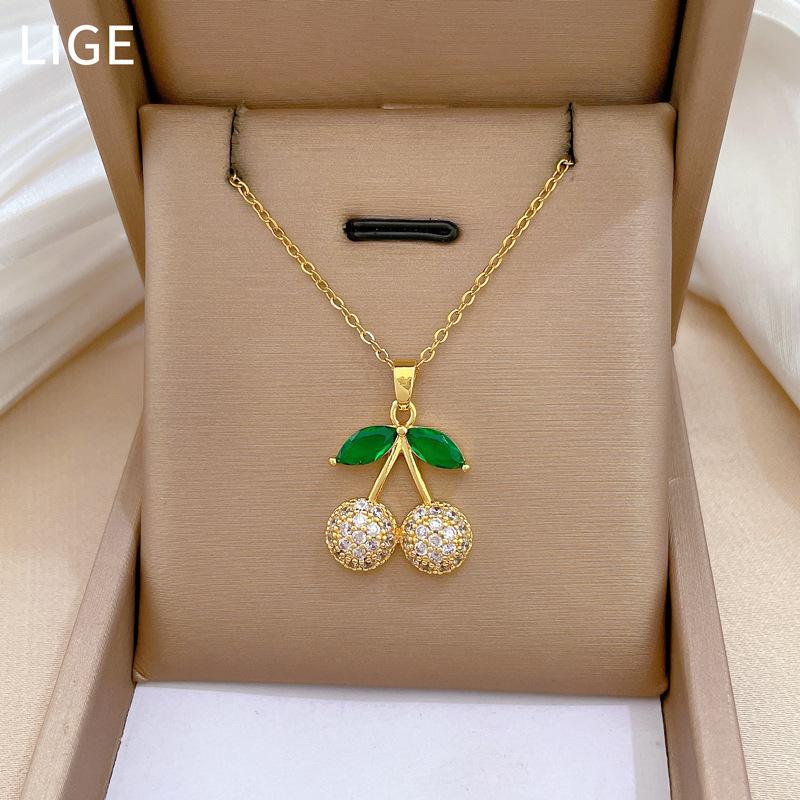 Green Leaf Cherry Necklace Earrings Set Light Luxury Slightly Inlaid Personalized Temperament Banquet Earrings Necklace Combination