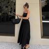 Womens French Style Black Cami Dress Set Cotton High Waist Long Skirt 2 Piece Outfit