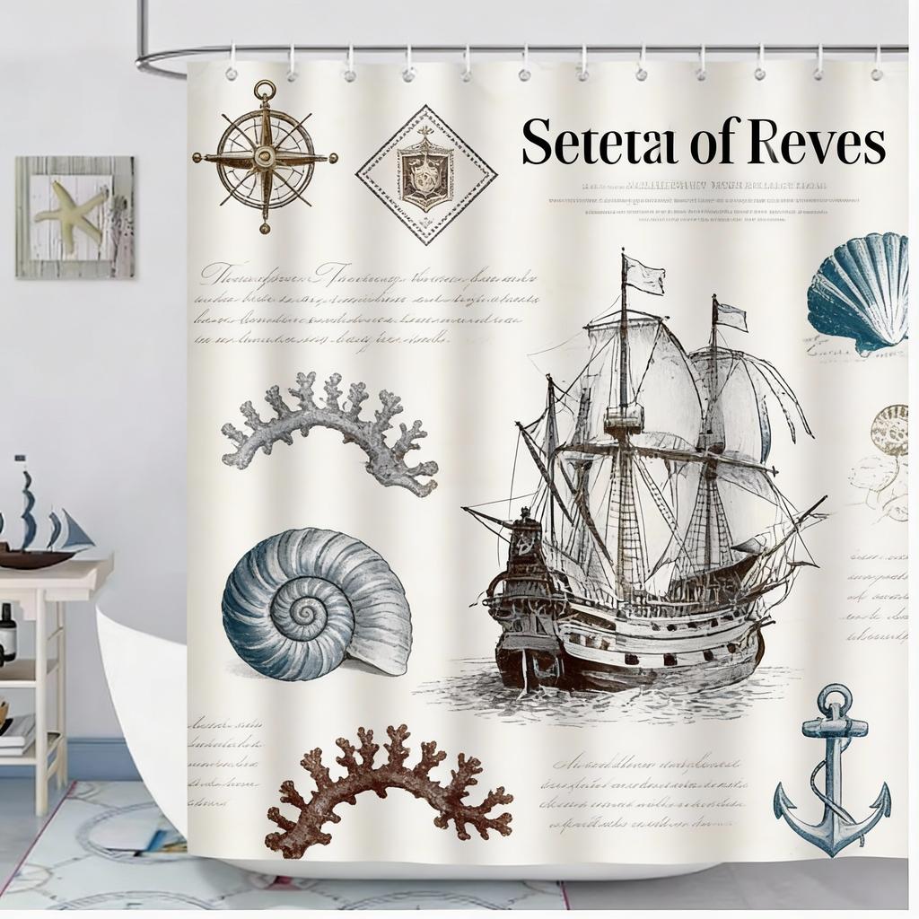 Modern Nautical Anchor Lighthouse Sailing Shower Curtain 180 X 200Cm Washable Polyester Shower Curtain With 12 Hooks