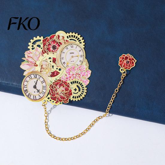 Vintage Bookmark Retro Flower Clock with Chain, Metal Decorative Book Mark for Reading Hollow Women, Aesthetic Page Marker, Bookish Gift