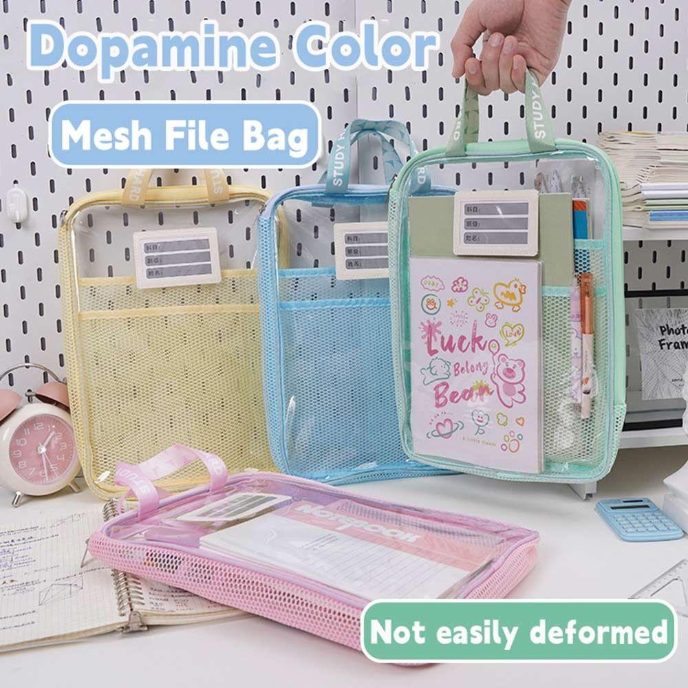 Portable Mesh A4 File Folder Waterproof L-shape Large Opening File Bag Dopamine Color Large Capacity File Organizer Students