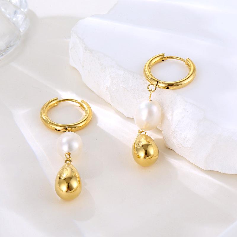 Elegant Stainless Steel Dangle Earrings with Natural Pearls – Non-fading, Versatile Design for Women