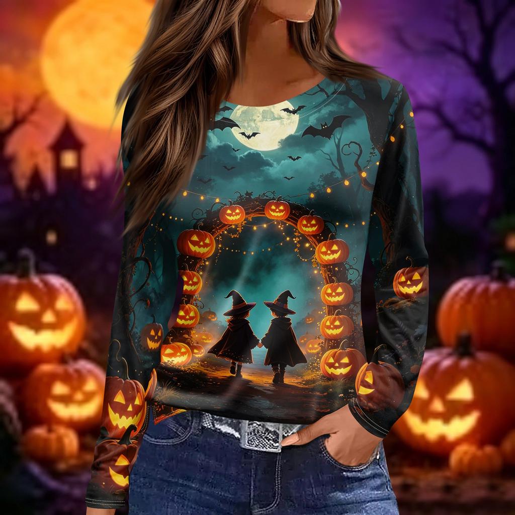Women's Long Sleeve Casual Pullover Top Halloween Pumpkin Print Crew Neck Split Hem Blouse Lightweight Comfortable Fit