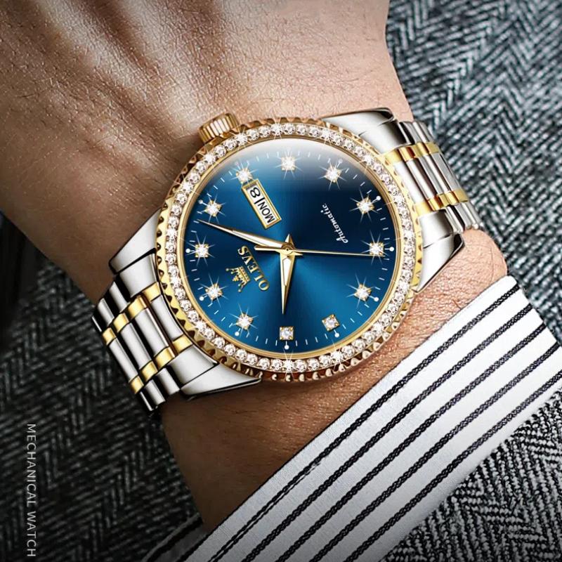 OLEVS Men's Watch Luxury Brand Diamond Automatic Mechanical Watch Stainless Steel Waterproof Calendar Business Men's Watch