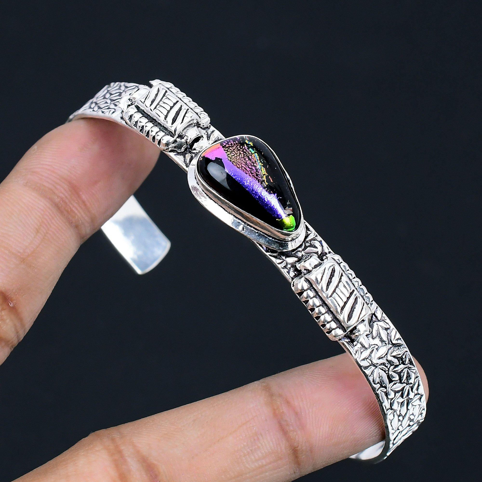 

925 Silver Trillion American Dichroic Glass Stone Wedding Mother Bangle Jewelry Adjustable