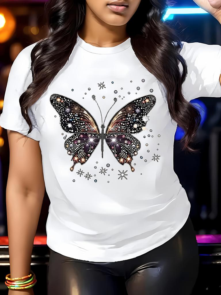 Europäische Größen Neues Damen-Kurzarm-T-Shirt | Schwarzes Bequemes Atmungsaktives Slim Fit T-Shirt für Damen mit Schmetterlingsmuster