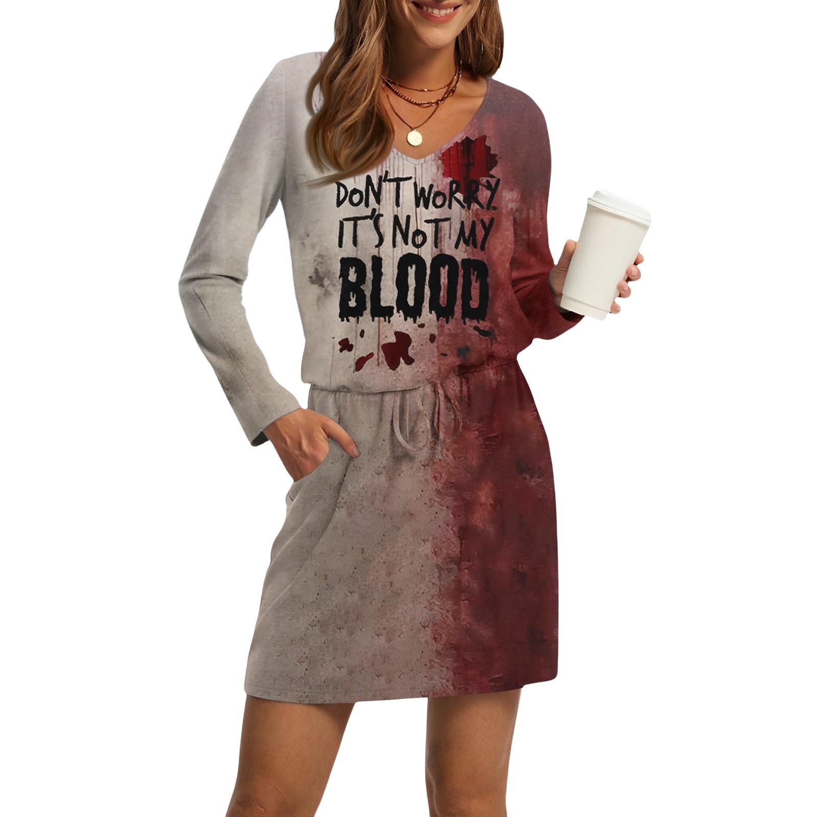 

Женские модные платья с V-образным вырезом, длинным рукавом, кулиской, карманом и принтом на Хэллоуин L чёрный