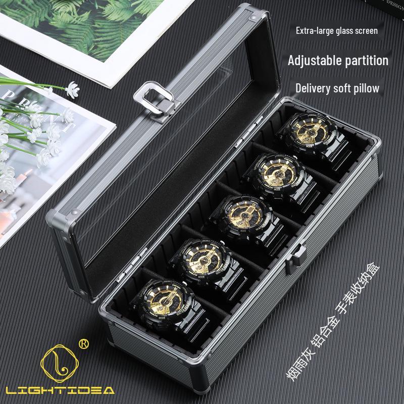 Smoky Grey Aluminum Alloy Multifunction Watch and Jewelry Display Box with Transparent Lid
