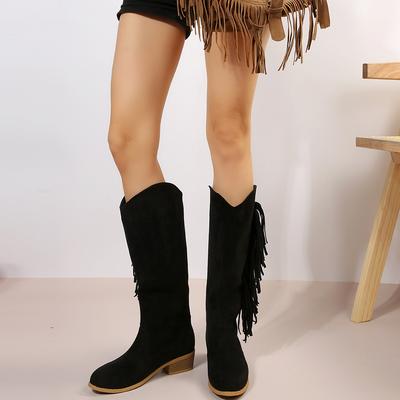 Large Size Suede Medium Tube Fringed Boots Women's New Pointed Low Heel Versatile Model