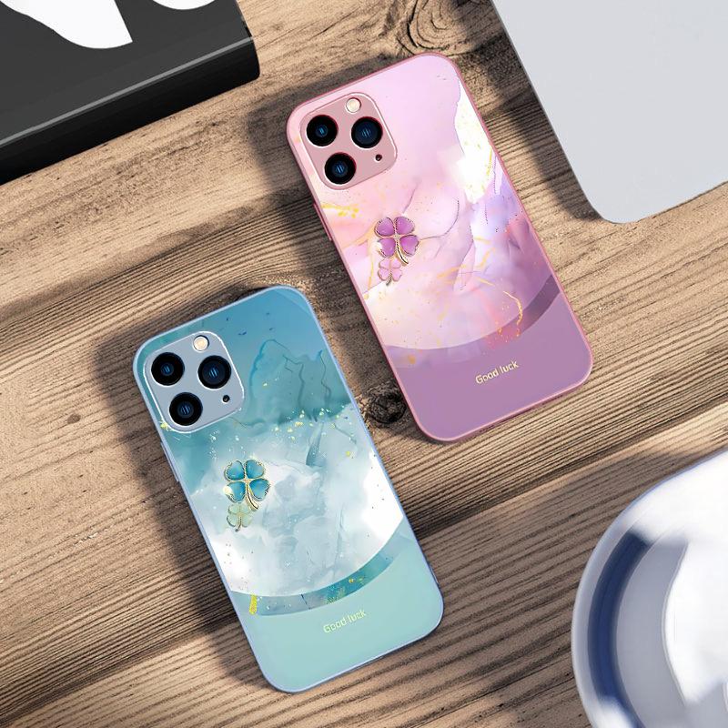 Four Leaf Clover Gradient For IPhone 16 Pro Max 15 Pro 14 13 12 Mini 11 XS Max XR 7 8 Plu SE 2022 Tempered Glass Phone Case