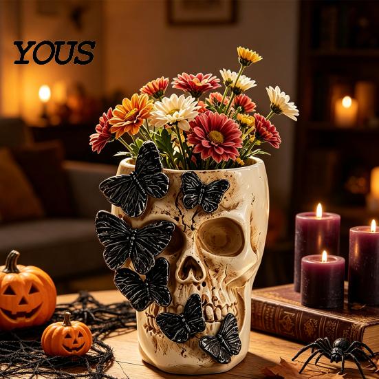 Dark Style Flower Pot Black Butterfly Skull Vase, Resin Skeleton Pen Holder, Gothic Vintage Relief Sculpture Arrangement Container, Creative