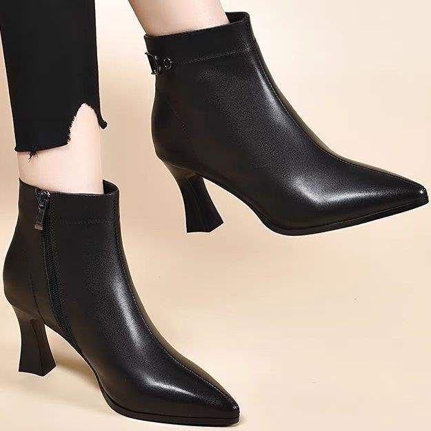 High heels women's autumn and winter 2025 new pointed thick heel Martin boots real soft leather women's shoes short boots women's single boots