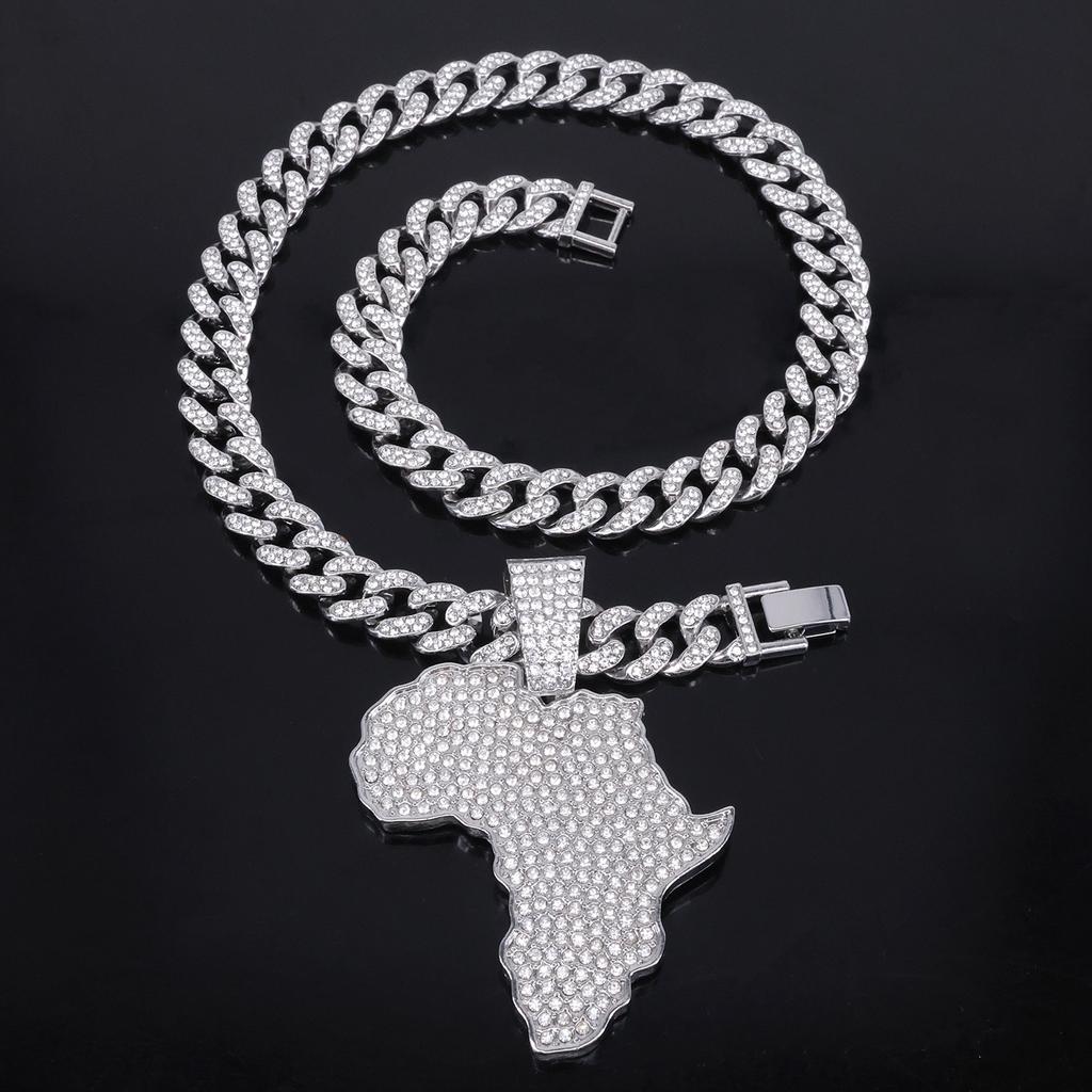 Unisex Trendy Hip Hop Rap Alloy Necklace Cool Map Inlaid Diamond Pendant Fashion Street Style Accessories