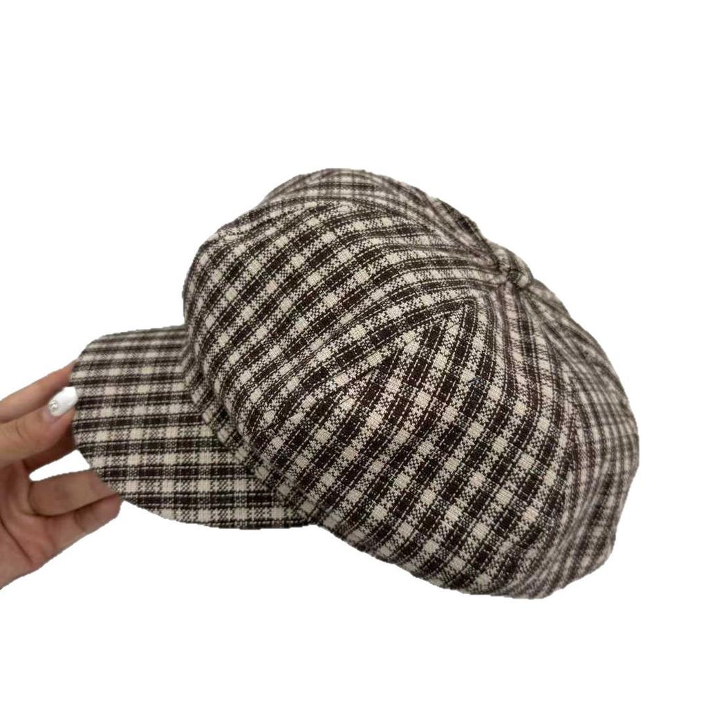 Autumn and Winter Casual Versatile Chess Board Plaid Beret Korean Windproof Face Small Octagonal Hat British Retro Painter Hat